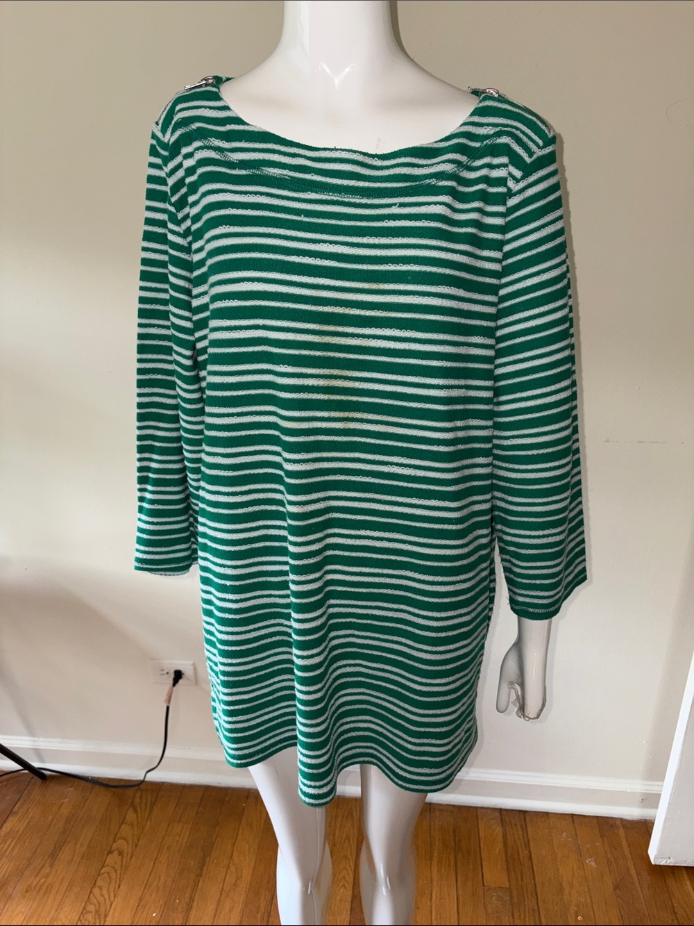 Liz Claiborne Green & White Striped Boatneck Tunic